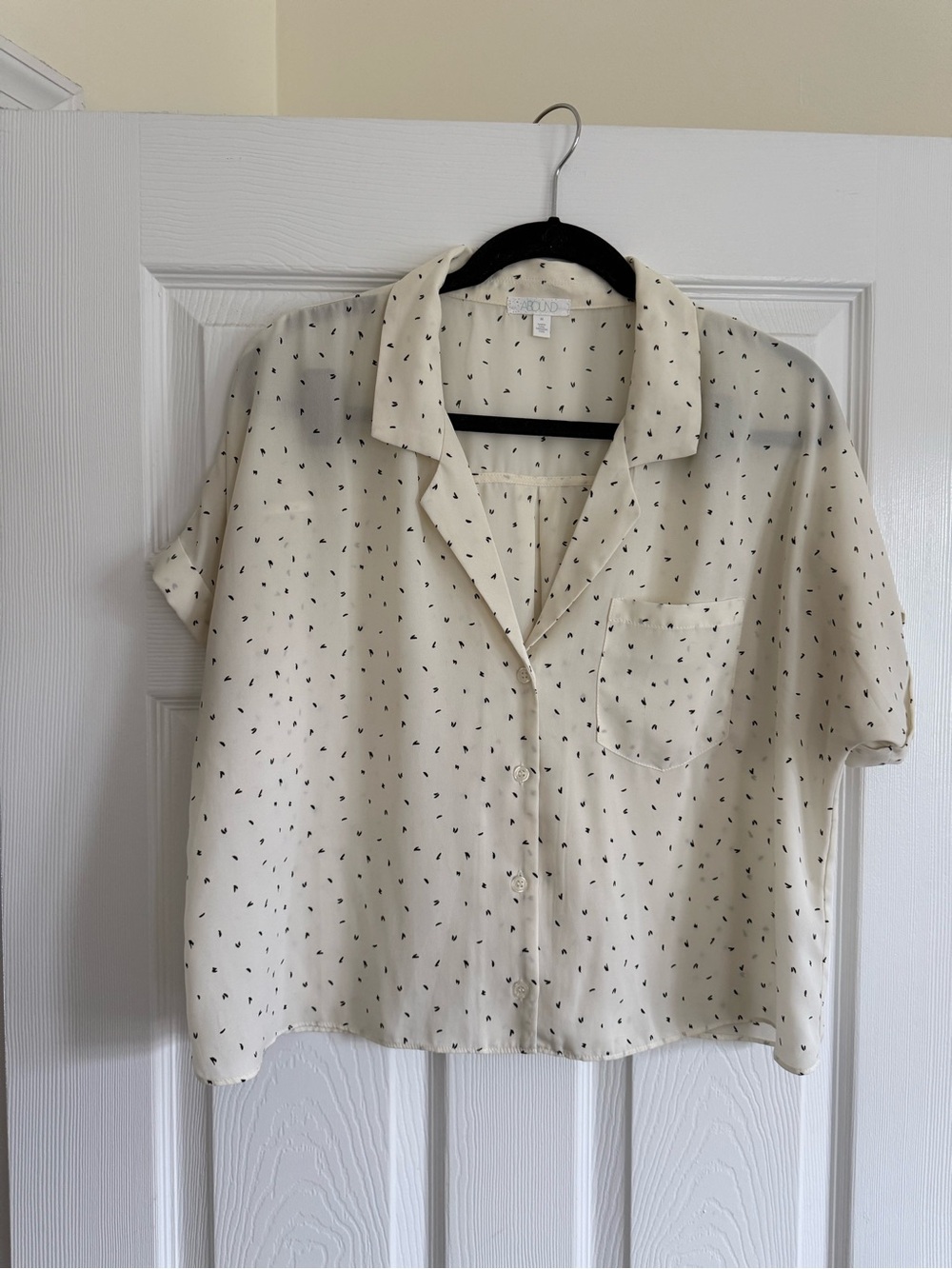 Abound Cream Short-Sleeve Button-Down Blouse with Black Mini Dot Print